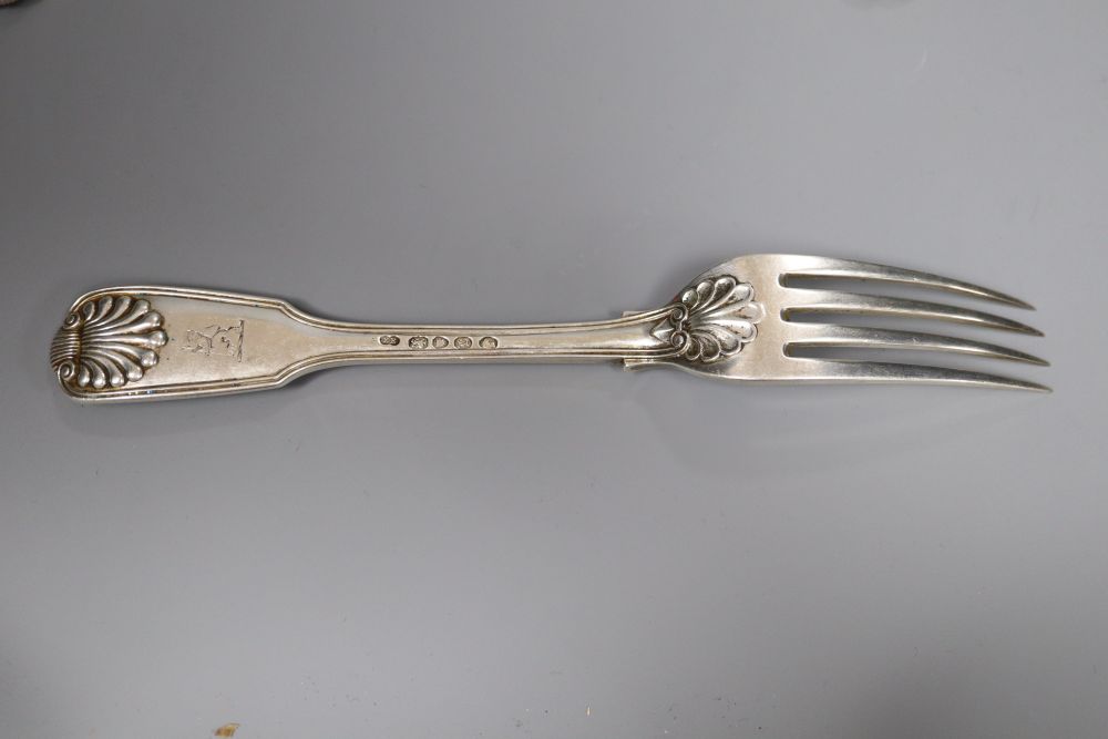 A set of nine Victorian silver double struck, fiddle, thread and shell pattern tableforks, Elizabeth Eaton, London, 1846,